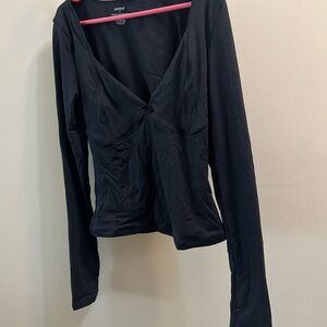 Quinsen Woman’s v  double lined Black Long-Sleeve V-Neck Twist-Front Top Size S
